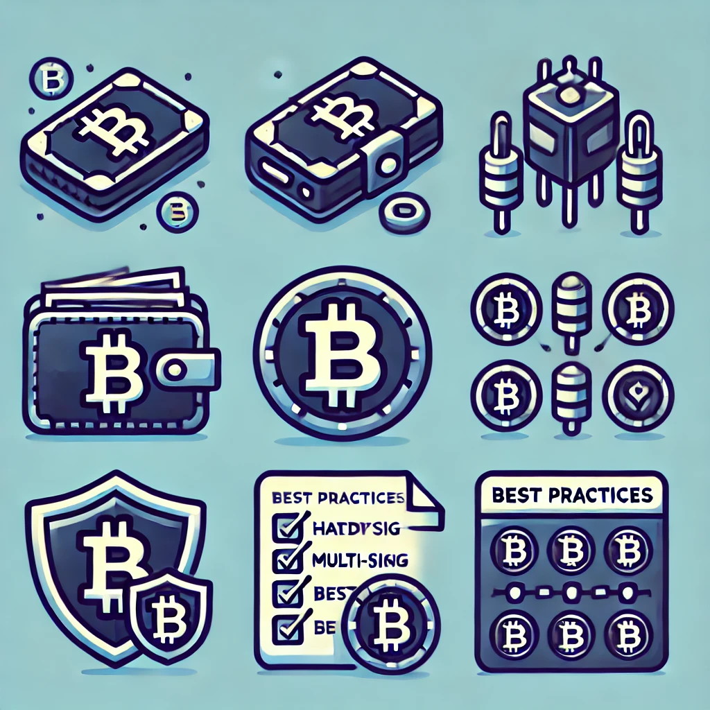 Icons representing Bitcoin security measures for large transactions