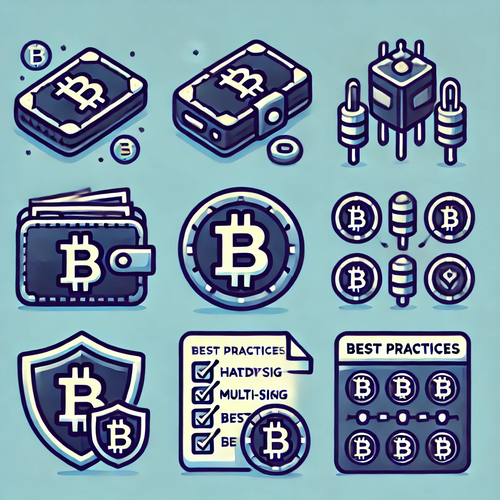 Icons representing Bitcoin security measures for large transactions