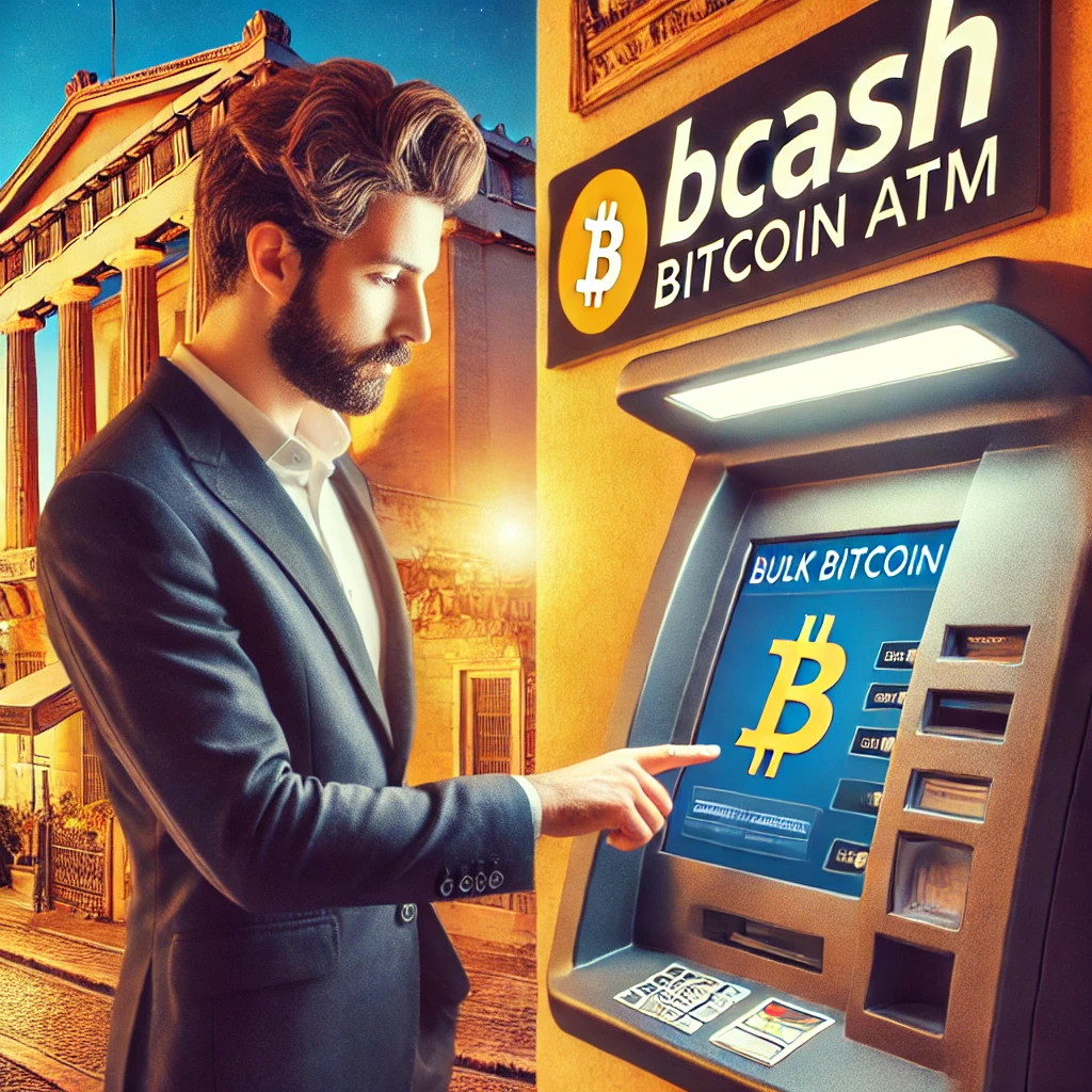 Greek investor purchasing Bitcoin at a BCash ATM in Athens