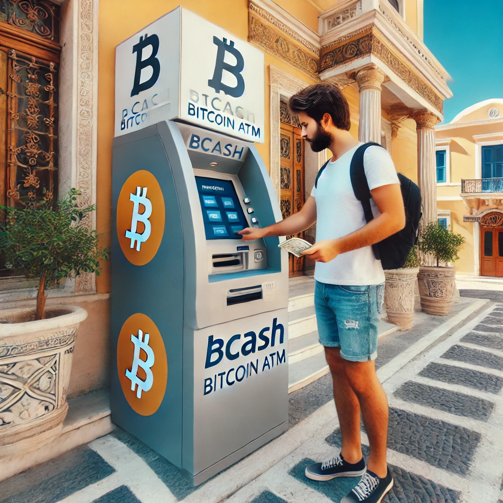 Person buying Bitcoin with cash at a BCash ATM in Greece